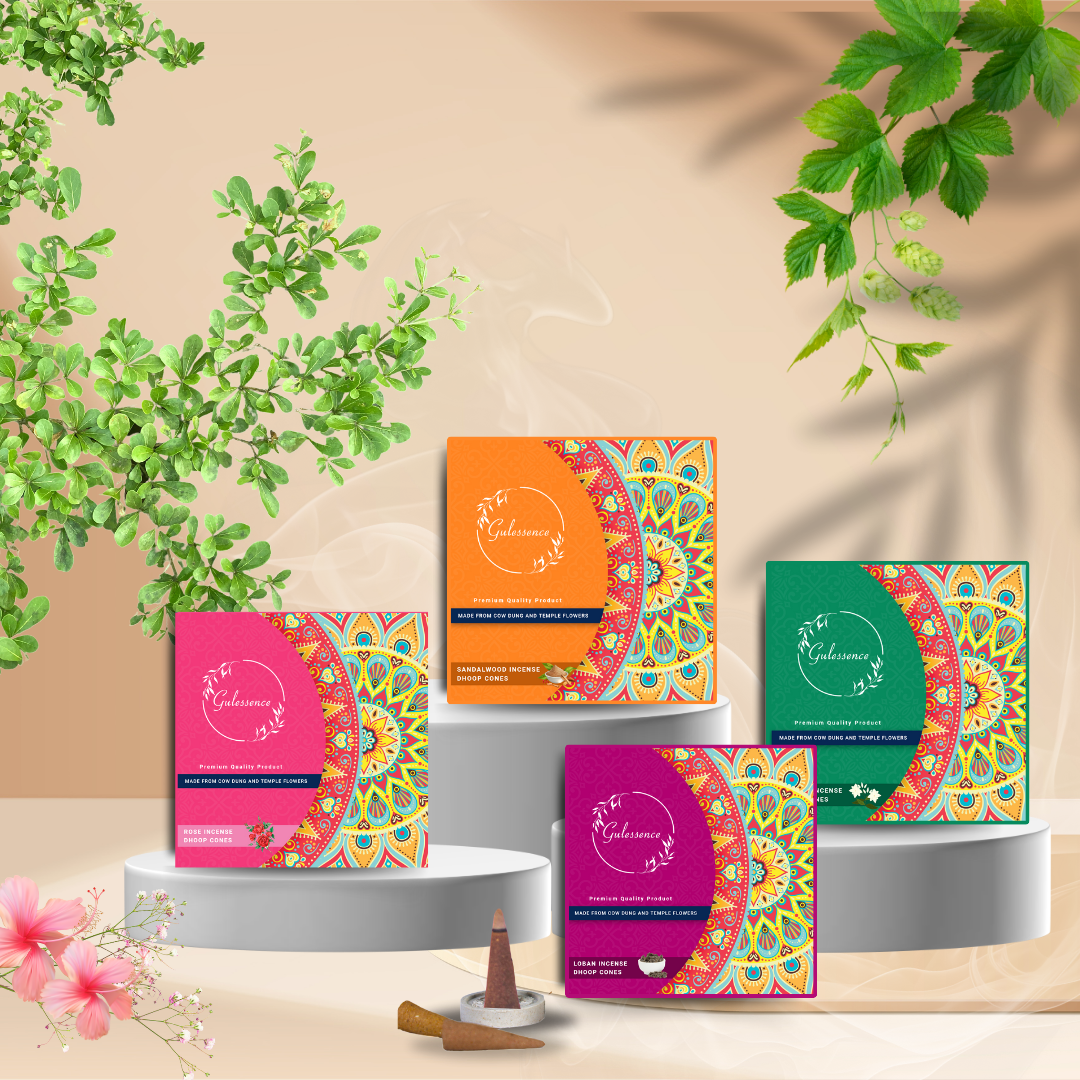 Gulessence Sandal, Rose, Loban & Jasmine Dhoop Cones | Pack of 4 - Gulessence
