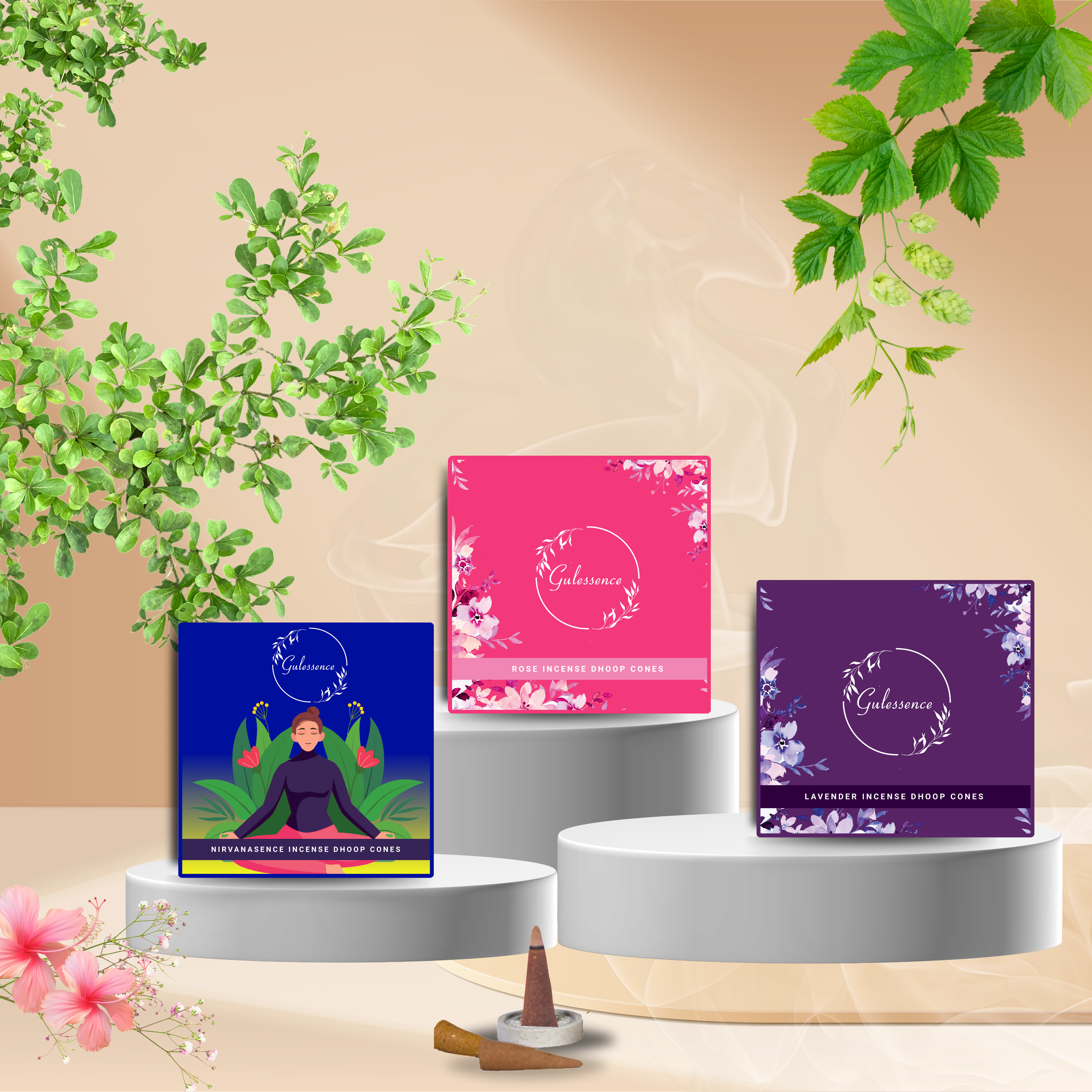 Gulessence Floral Rose, Lavender , Nirvanasence Incense Dhoop Cones - | (Pack of 3) - Gulessence