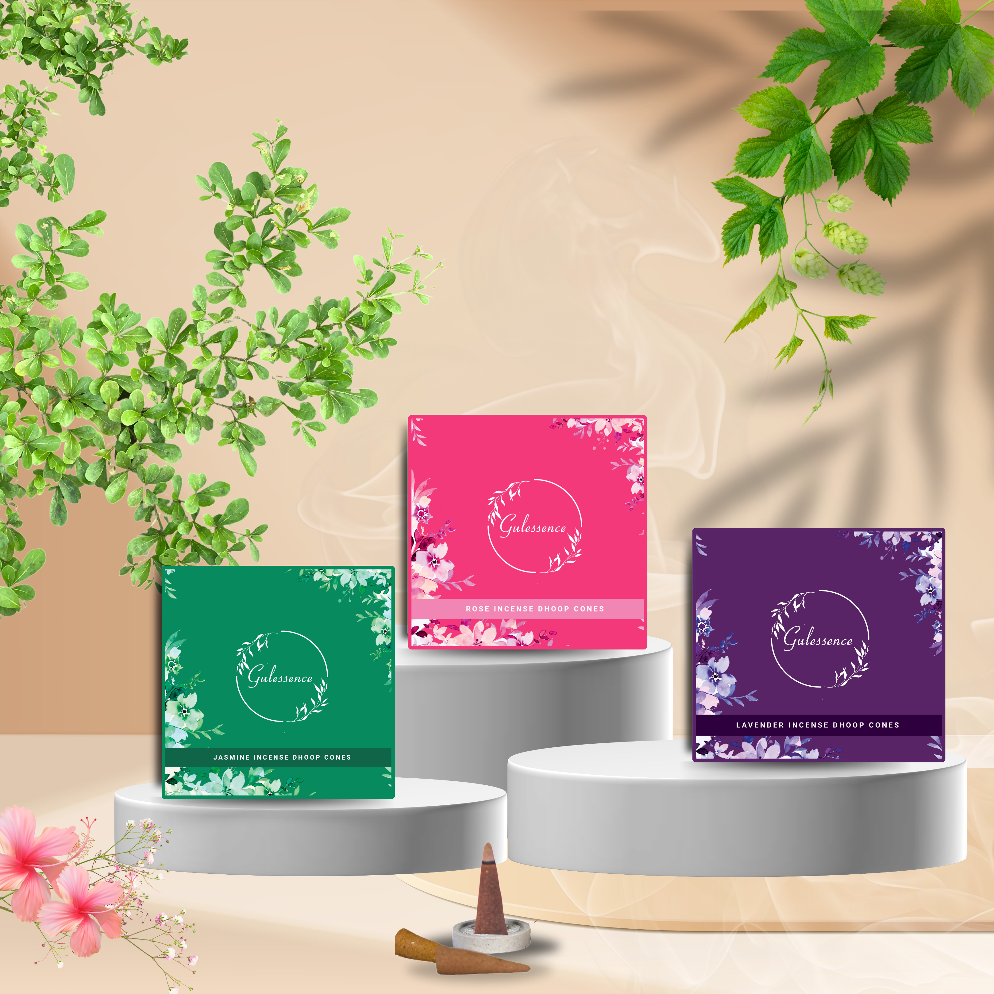 Gulessence Floral Rose, Lavender , Jasmine Incense Dhoop Cones - | (Pack of 3) - Gulessence