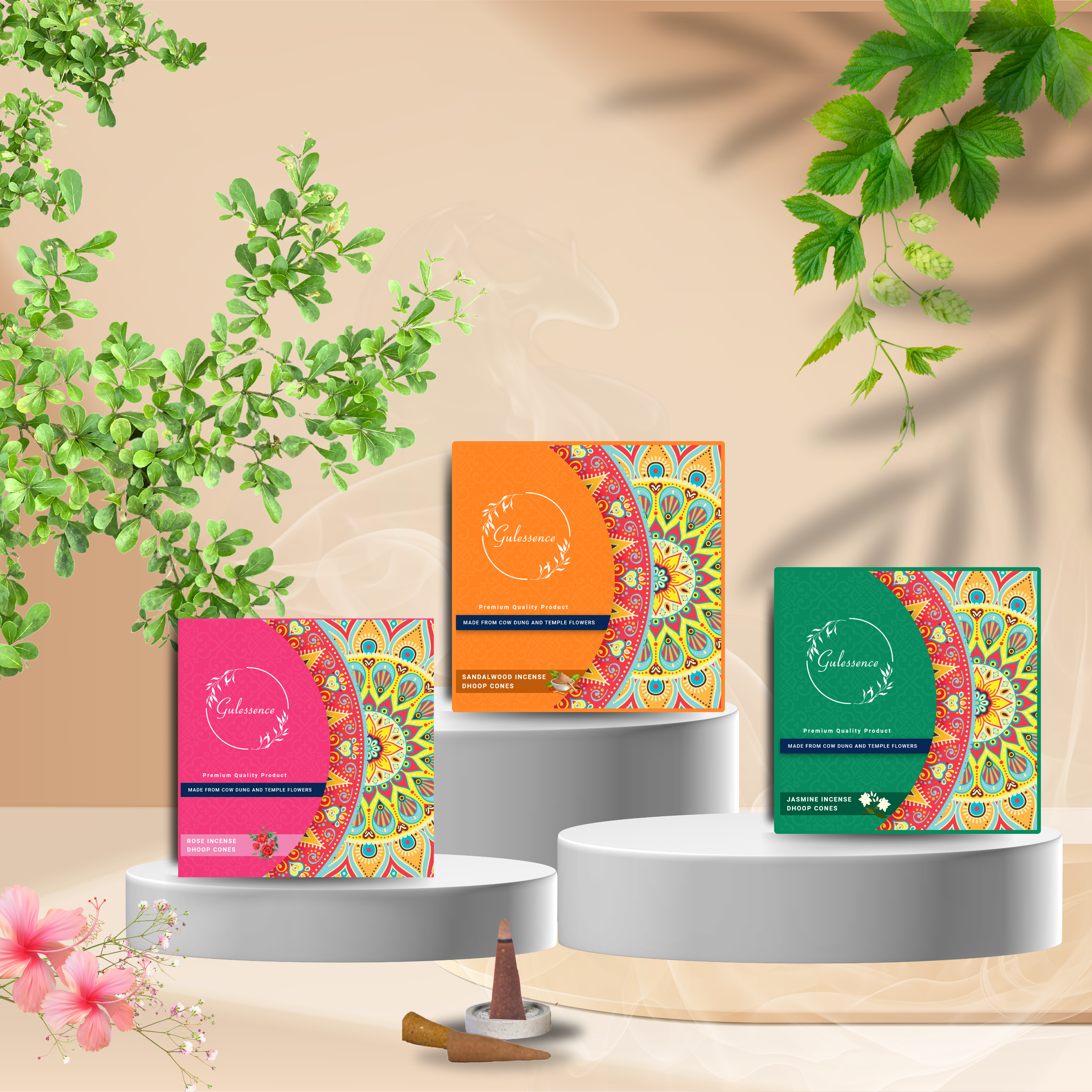 Gulessence Rose,Jasime & Sandalwood Incense Dhoop Cones - Made from Cowdung & Temple Flowers | (Pack of 3) - Gulessence