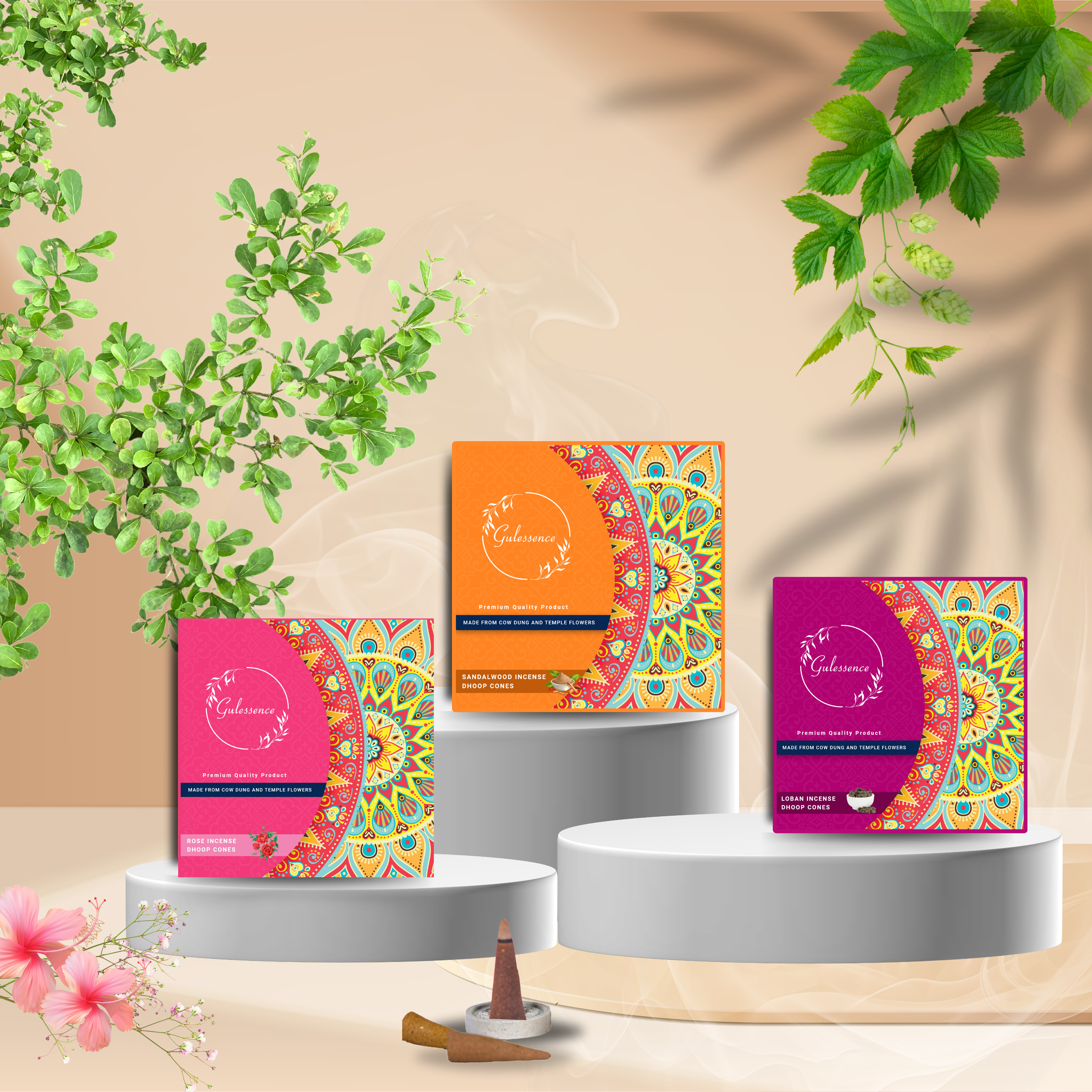 Gulessence Rose,Loban & Sandalwood Incense Dhoop Cones - Made from Cowdung & Temple Flowers | (Pack of 3) - Gulessence