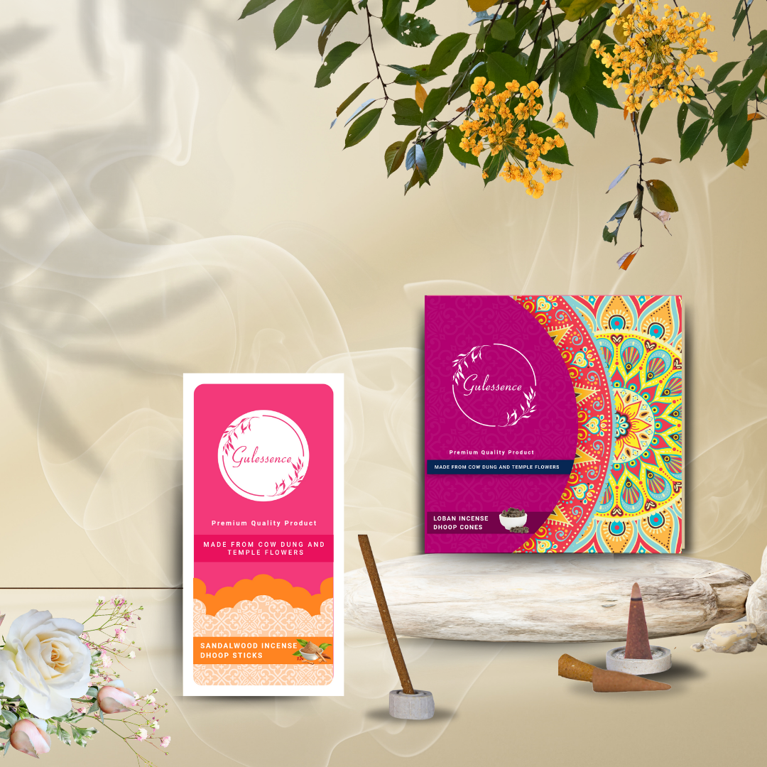 Loban Dhoop cones & Sandalwood Dhoop Sticks - Made From Cowdung & Temple Flowers | Gulessence - Gulessence