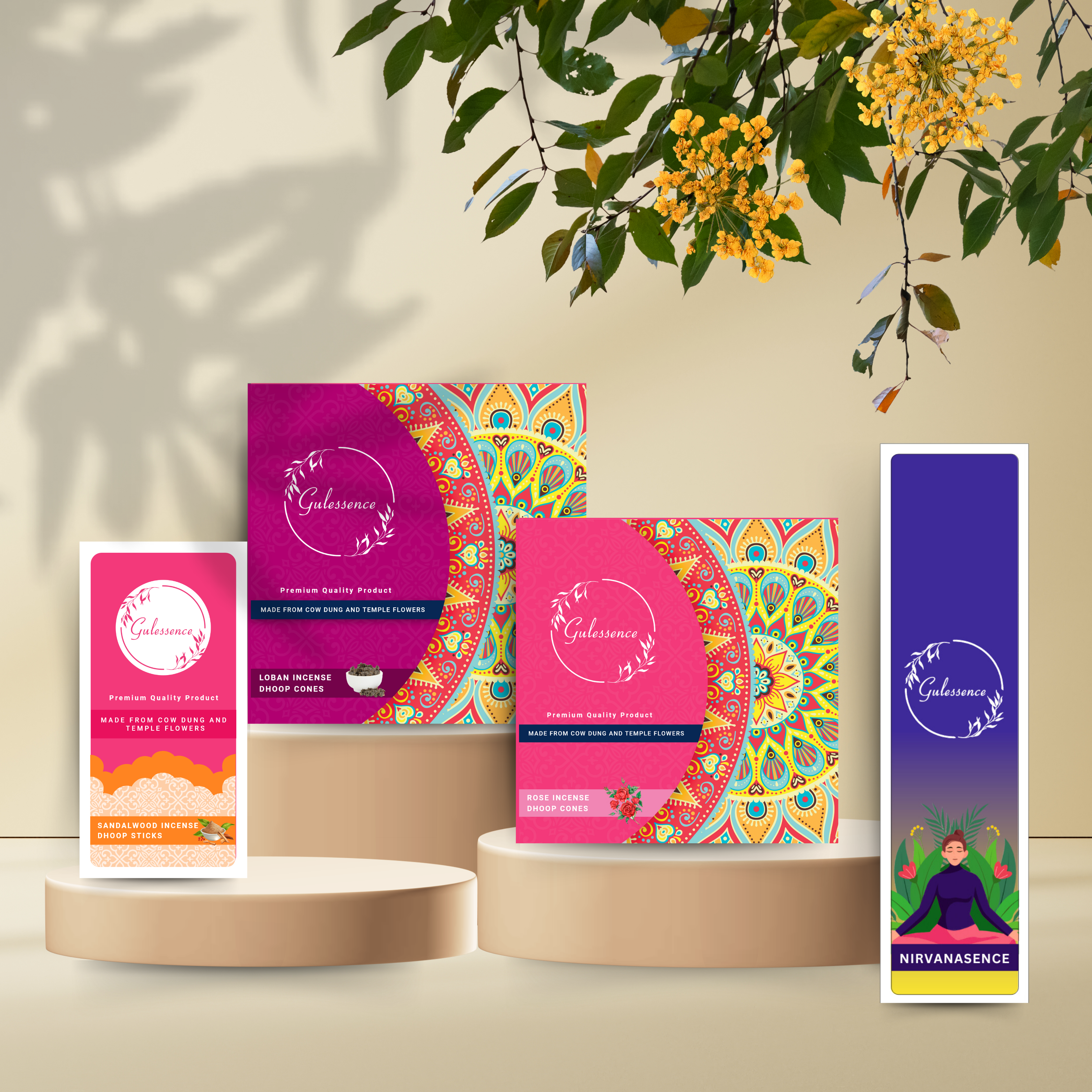 Gulessence Sandal Dhoop Sticks, Rose Dhoop Cones, Loban Dhoop Cones & Nirvana Incense Sticks | Pack of 4 (160 units) | Free Stand - Gulessence