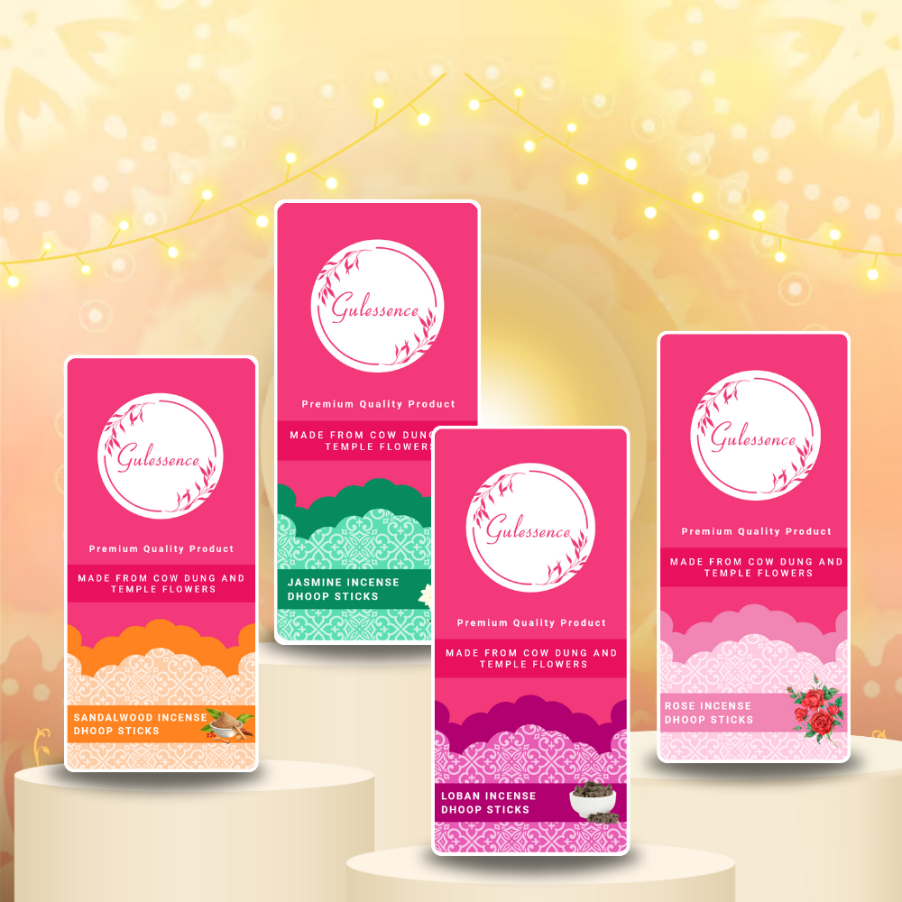 Gulessence Sandal, Rose, Loban & Jasmine Bambooless Dhoop Sticks | Pack of 4 (160 Sticks) | Free Ceramic Stand - Gulessence