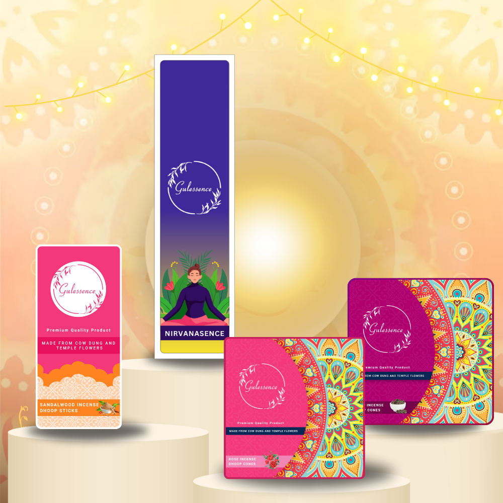 Gulessence Sandal Dhoop Sticks, Rose Dhoop Cones, Loban Dhoop Cones & Nirvana Incense Sticks | Pack of 4 (160 units) | Free Stand - Gulessence