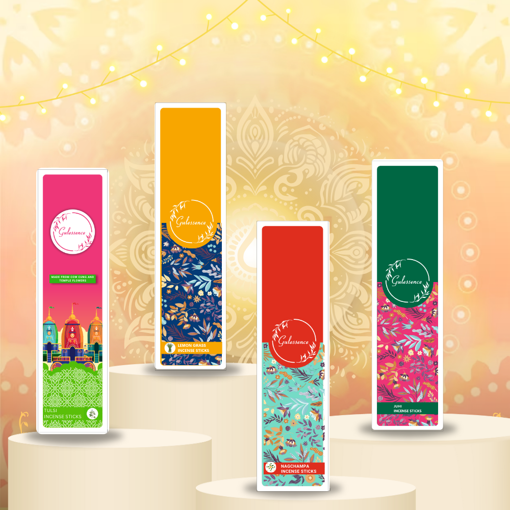 Gulessence Tulsi, Lemongrass, Nagchampa, Juhi Incense Sticks | Pack of 4 With Free Incense Holder (40 Units Each Fragrance) - Gulessence