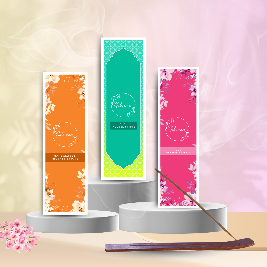 Gulessence Floral Sandal, Oudh ,Rose Incense Sticks with Free Incense Holder | Pack of 3 (40 Incense Sticks Each Box) - Gulessence
