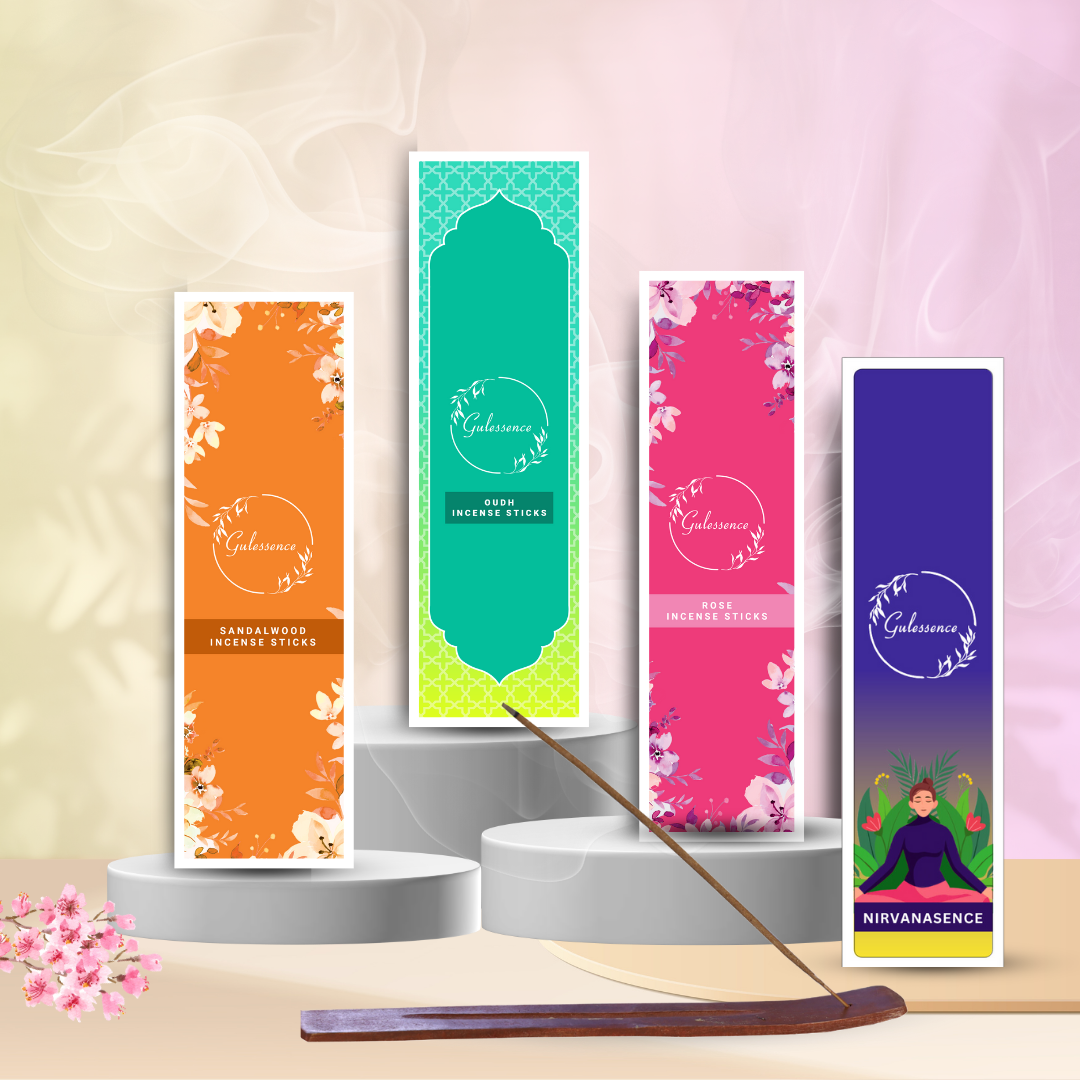 Gulessence Floral Sandal, Nirvanasence, Oudh ,Rose Incense Sticks with Free Incense Holder | Pack of 4 (40 Incense Sticks Each Box) - Gulessence