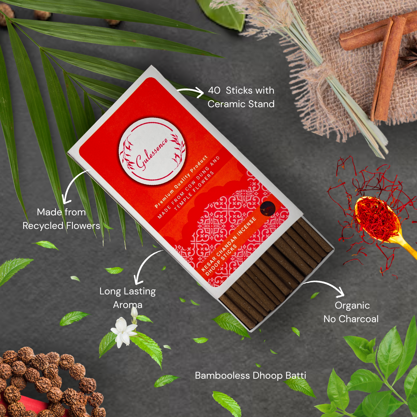 Kesar Chandan Dhoop Sticks | Bamboo less Dhoop Sticks | Gulessence - Gulessence