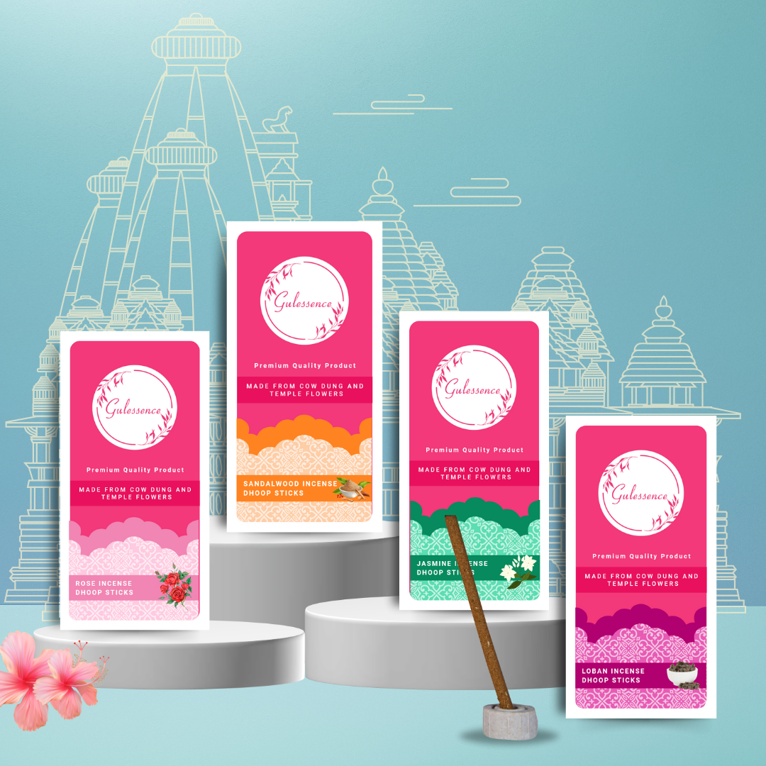 Gulessence Sandal, Rose, Loban & Jasmine Bambooless Dhoop Sticks | Pack of 4 (160 Sticks) | Free Ceramic Stand - Gulessence