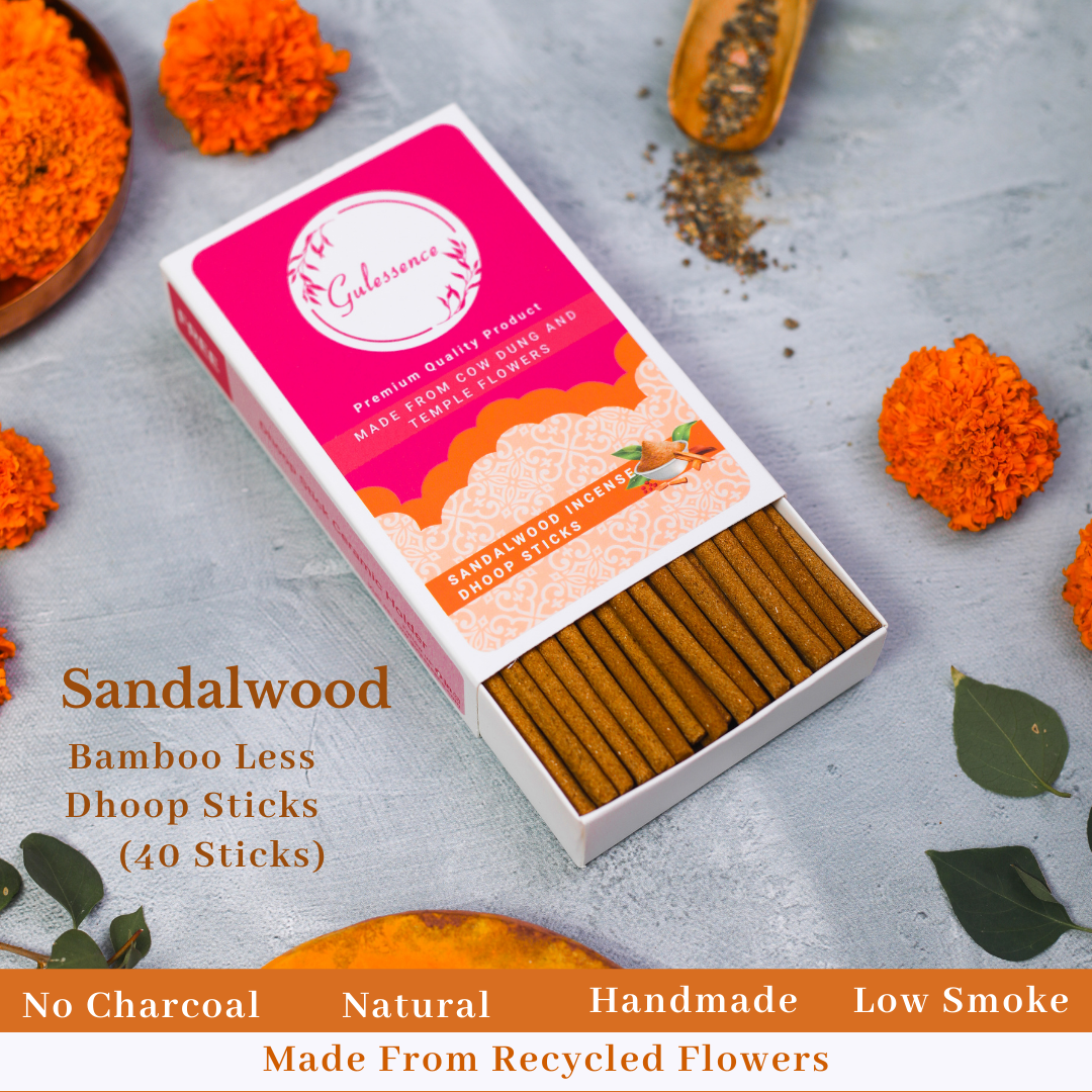 Gulessence Sandal Dhoop Sticks, Rose Dhoop Cones, Loban Dhoop Cones & Nirvana Incense Sticks | Pack of 4 (160 units) | Free Stand - Gulessence
