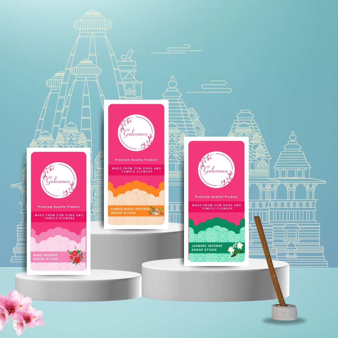 Gulessence Sandal, Rose, Jasmine Bambooless Dhoop Sticks | Pack of 3 - Gulessence
