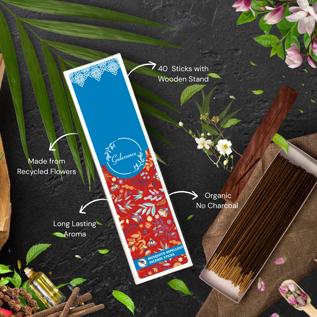 Mosquito Repellent Incense Sticks With Free Incense Holder| Made from Temple Flower | Gulessence - Gulessence