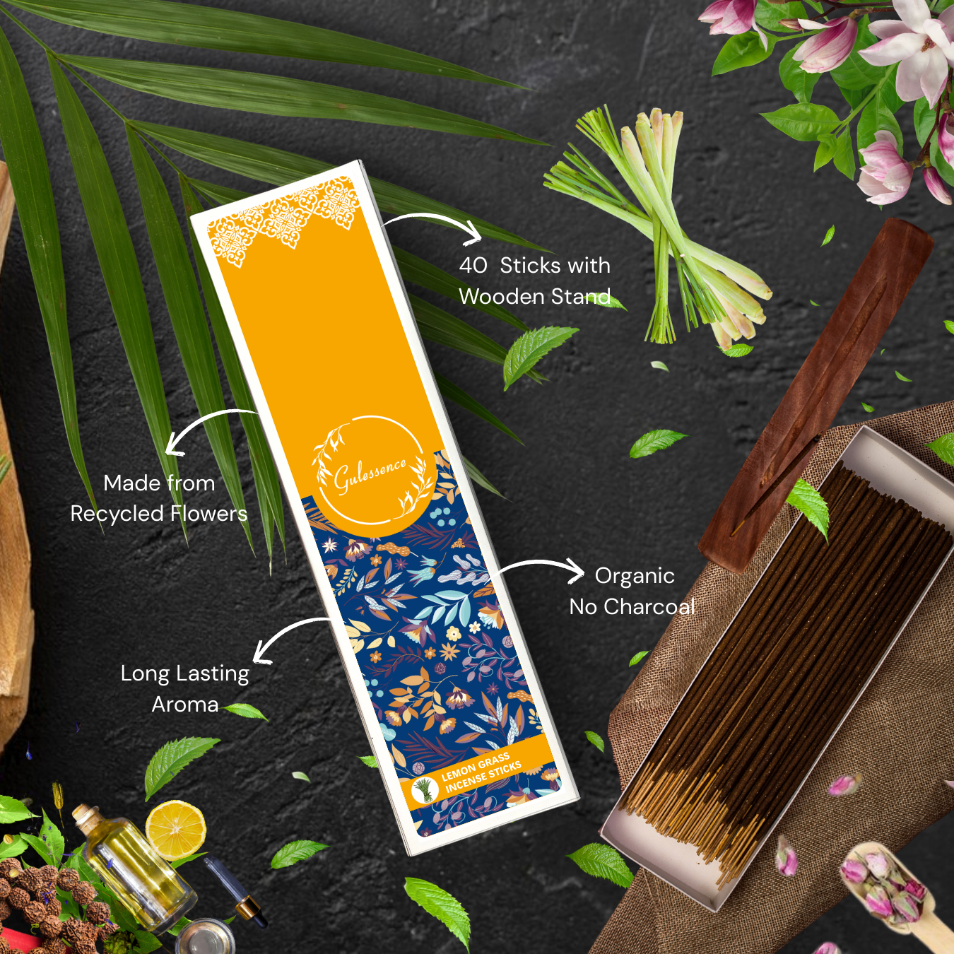 Lemongrass Incense Sticks With Free Incense Holder| Made from Temple Flower | Gulessence - Gulessence
