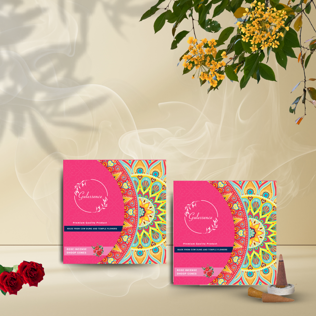 Gulessence Rose, Sandal. Jasmine, Loban  Dhoop Cones | Made from Cow dung & Temple Flower | Pack of 4 - Gulessence