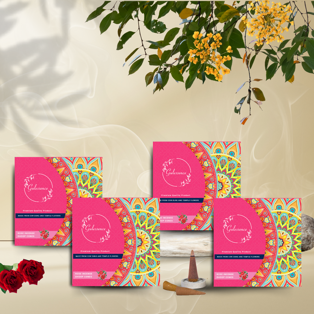 Gulessence Rose, Sandal. Jasmine, Loban Dhoop Cones | Made from Cow dung & Temple Flower | Pack of 4 - Gulessence