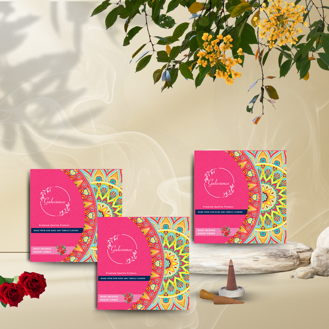 Gulessence Rose, Sandal. Jasmine, Loban  Dhoop Cones | Made from Cow dung & Temple Flower | Pack of 4 - Gulessence
