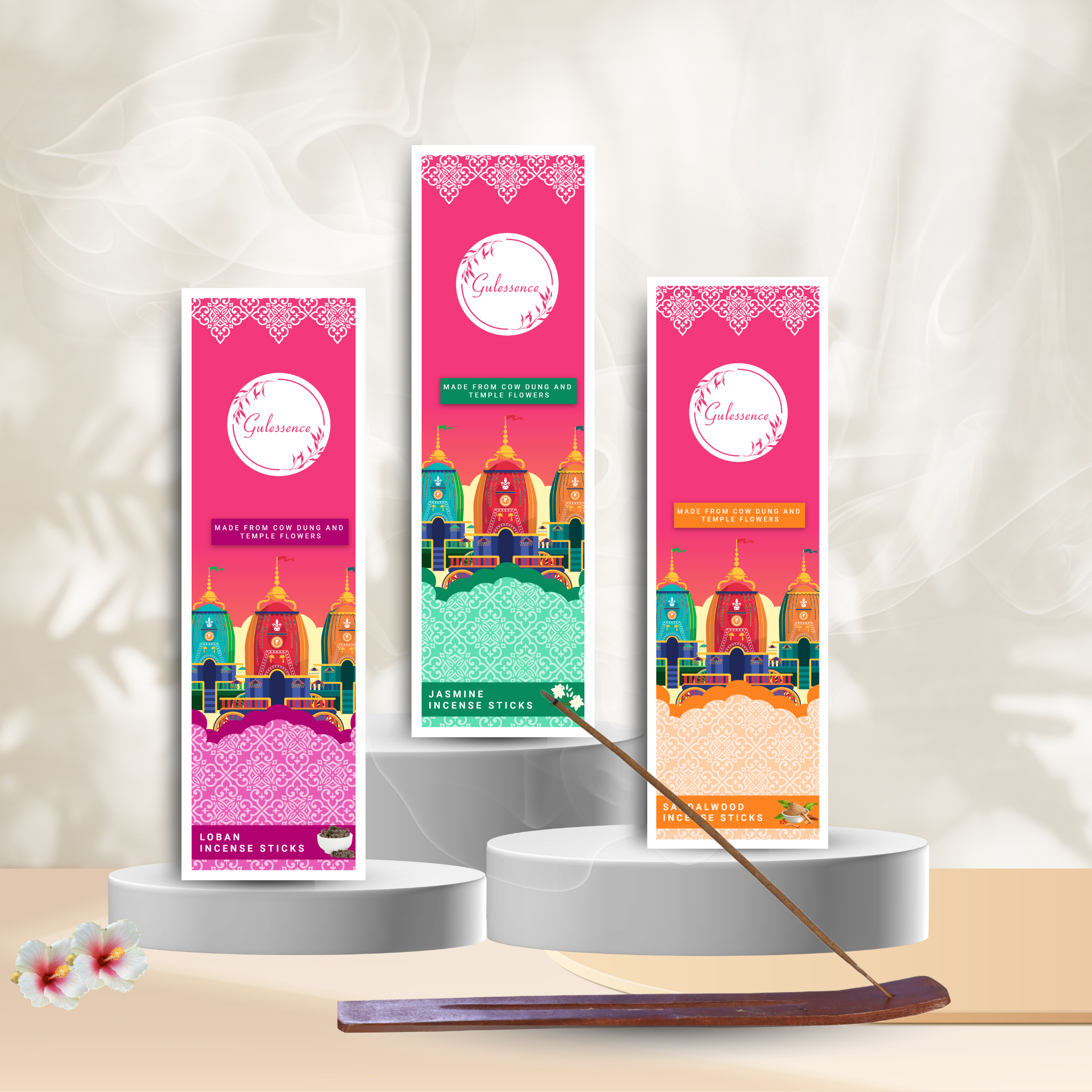 Gulessence Sandal, Jasmine ,Loban Incense Sticks with Free Incense Holder | Pack of 3 (40 Incense Sticks Each Box) - Gulessence