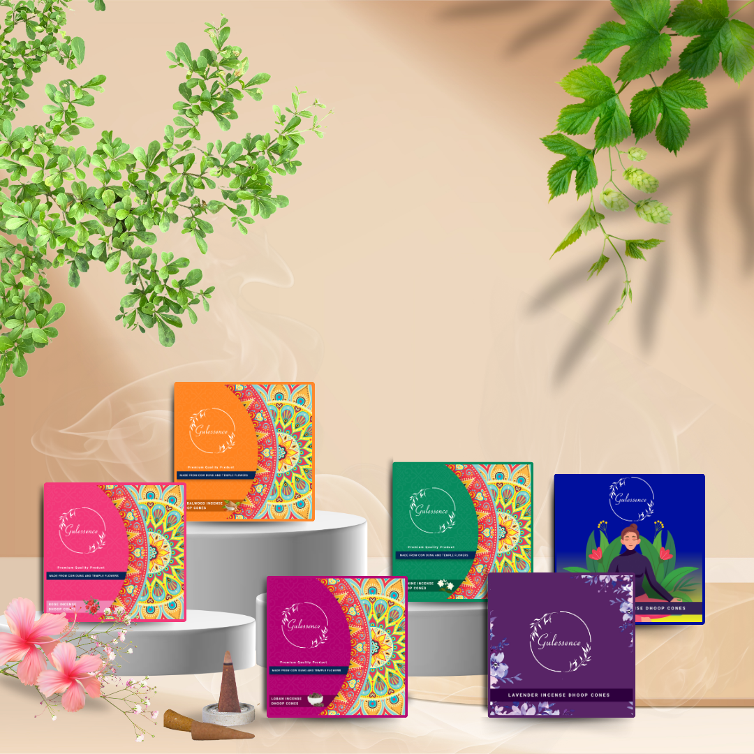 Gulessence Pack of 6 Rose, Lavender, Loban ,Sandal, Nirvanasence & Jasmine Incense Dhoop Cones - Gulessence