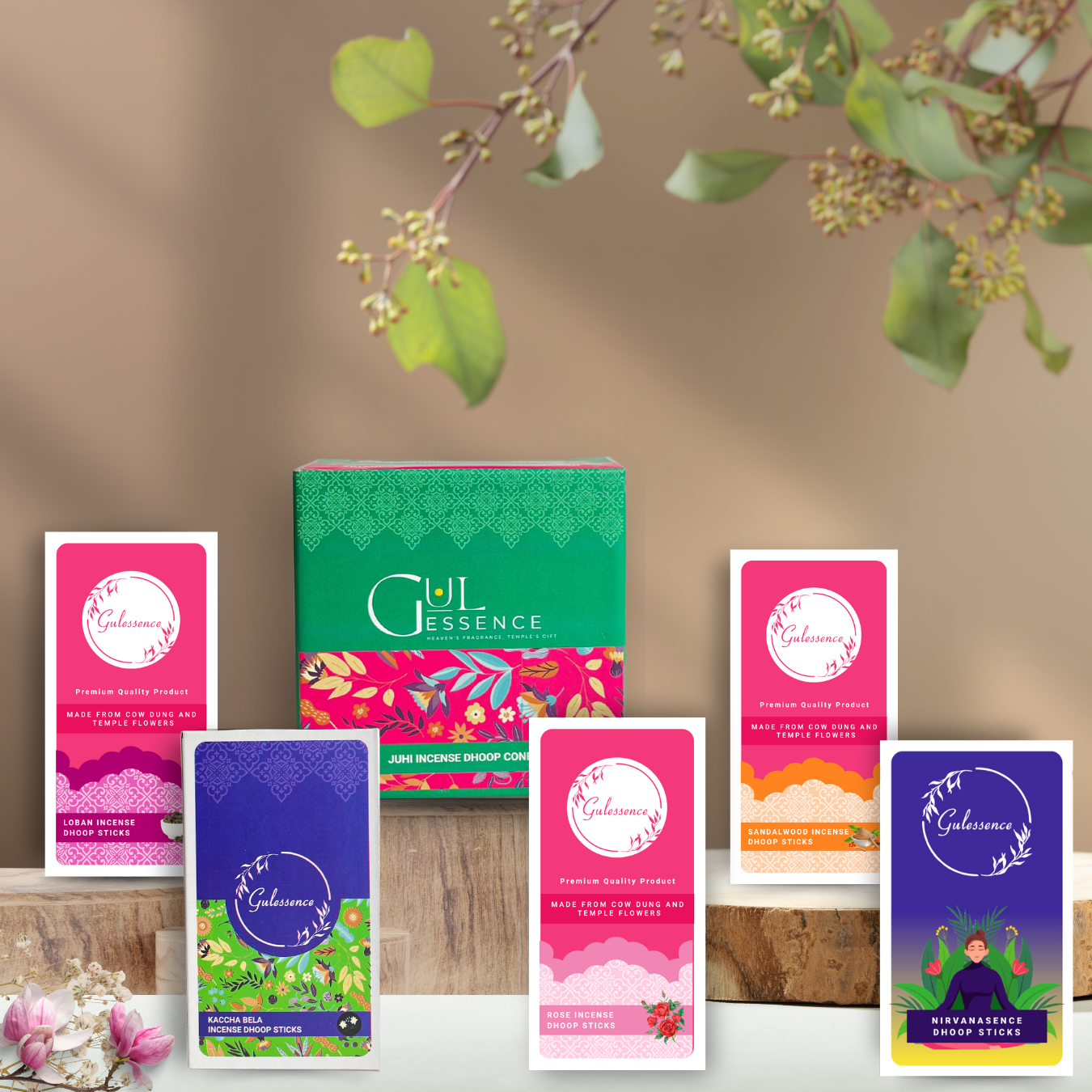 Gulessence Sandal ,Rose, Nirvanasence, Loban, Kacha bela Bambooless Dhoop Sticks and Juhi Dhoop Cones| Pack of 6 - Gulessence