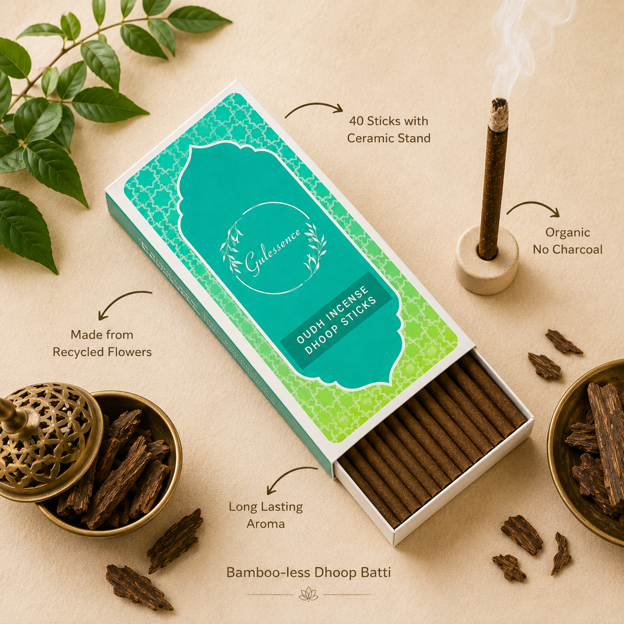 Oudh Bamboo Less Incense Dhoop Sticks | Made from Temple flowers |Gulessence - Gulessence