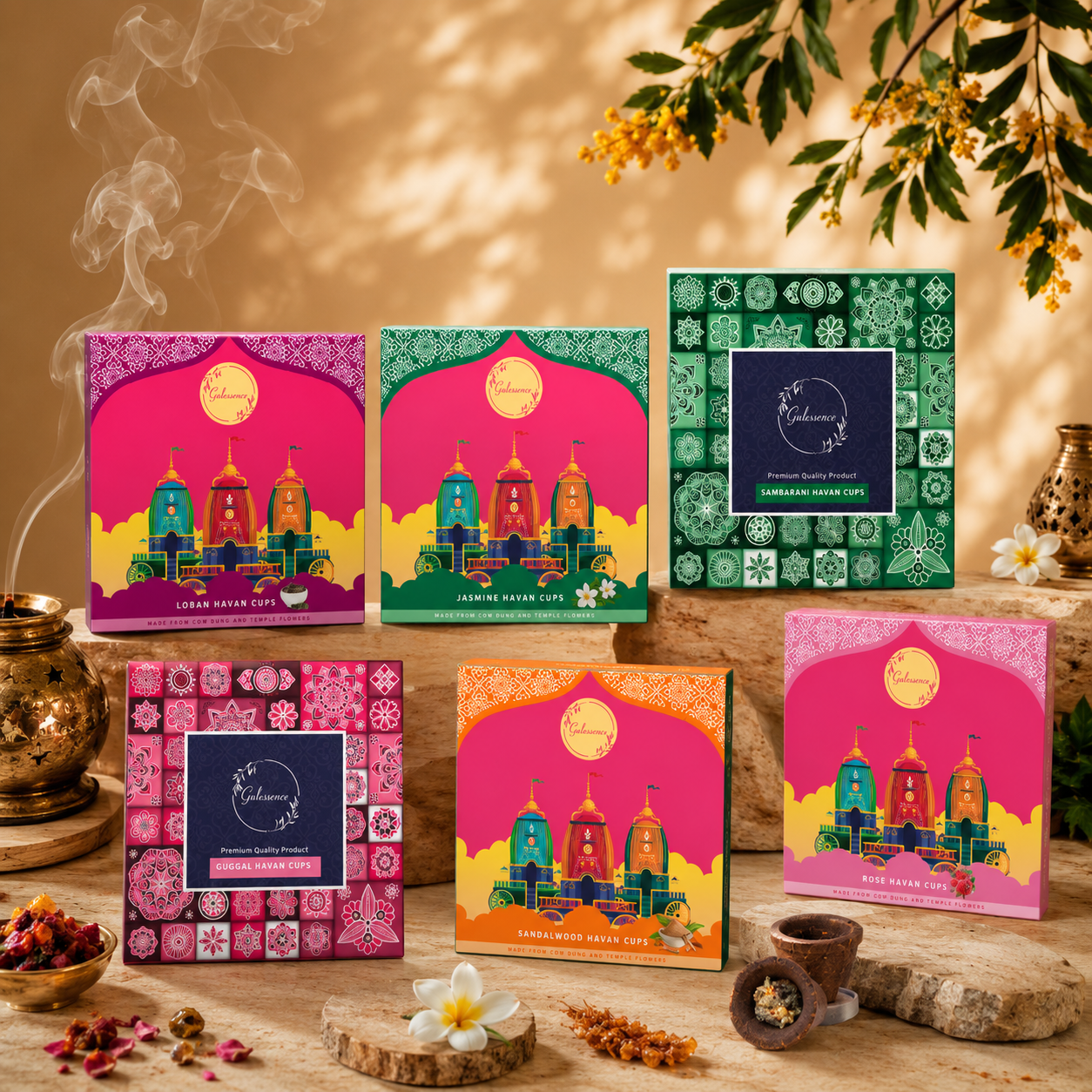 Gulessence Pack of 6 Organic - Jasmine,Sandal, Sambrani, Guggal, Loban ,Rose Havan Cups