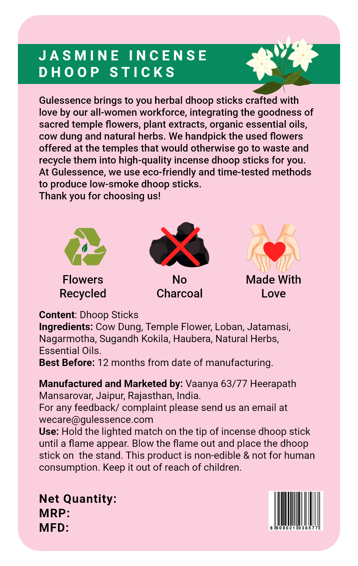 Jasmine Bamboo Less Dhoop Sticks | Made from Cow dung & Temple Flower | Gulessence - Gulessence