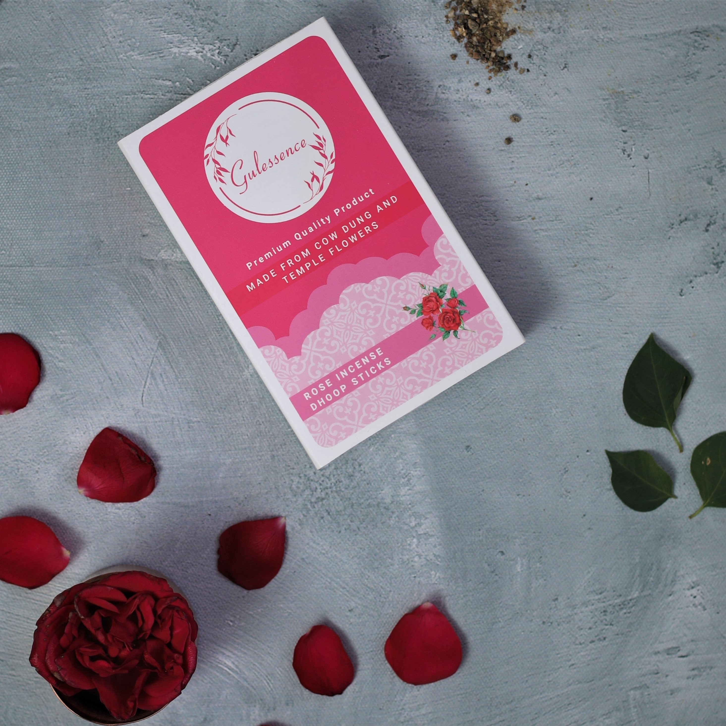 Rose Dhoop Sticks | Made from Cow dung & Temple Flower | Bamboo less Dhoop Sticks | Gulessence - Gulessence