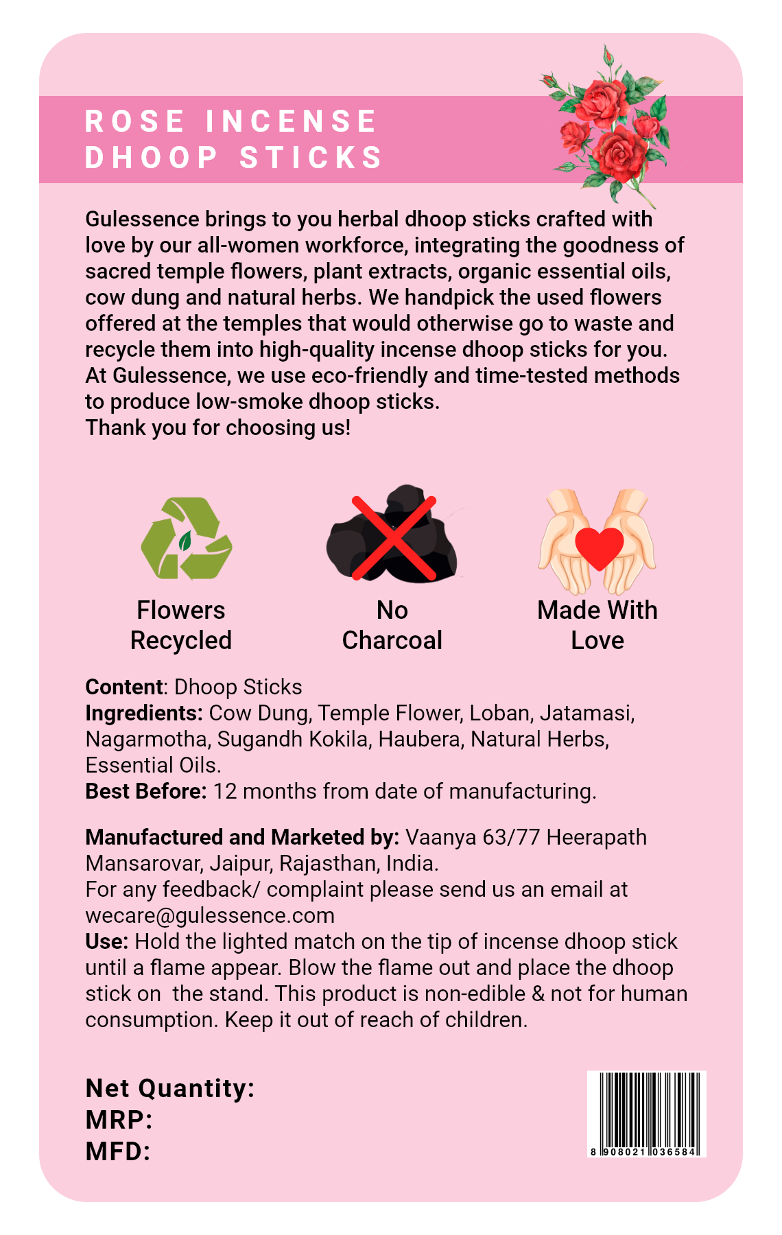 Rose Dhoop Sticks | Made from Cow dung & Temple Flower | Bamboo less Dhoop Sticks | Gulessence - Gulessence