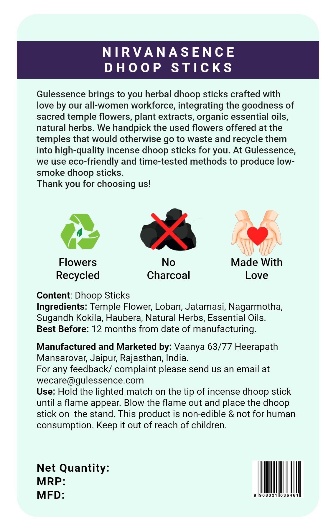 Nirvanasence Bamboo less Dhoop Sticks | Made from Temple flowers |Gulessence - Gulessence