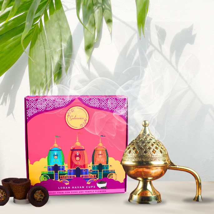 Loban Havan Cups & Brass Dhooni | Made from Cow dung & Temple Flower |Gulessence - Gulessence