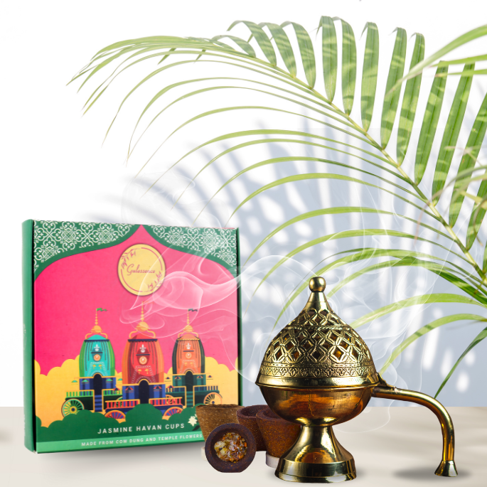 Jasmine Havan Cups & Brass Dhooni | Made from Cow dung & Temple Flower |Gulessence - Gulessence