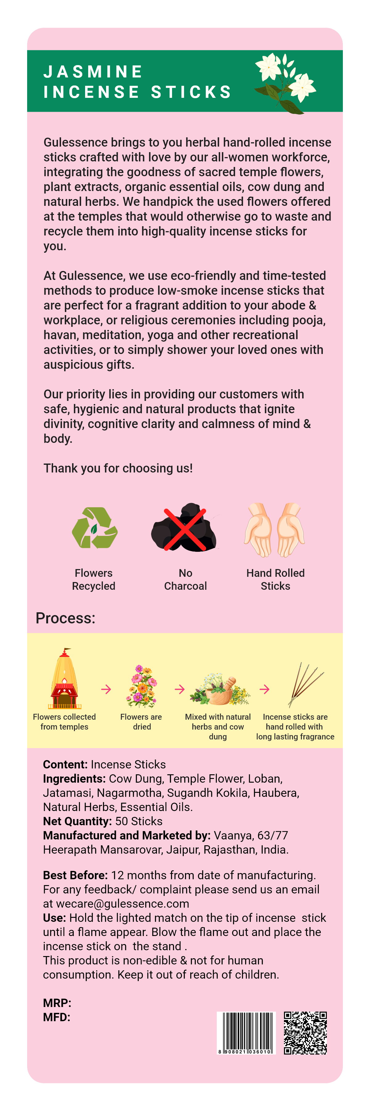 Jasmine Incense Sticks | Made from Cow dung & Temple Flower | Gulessence - Gulessence