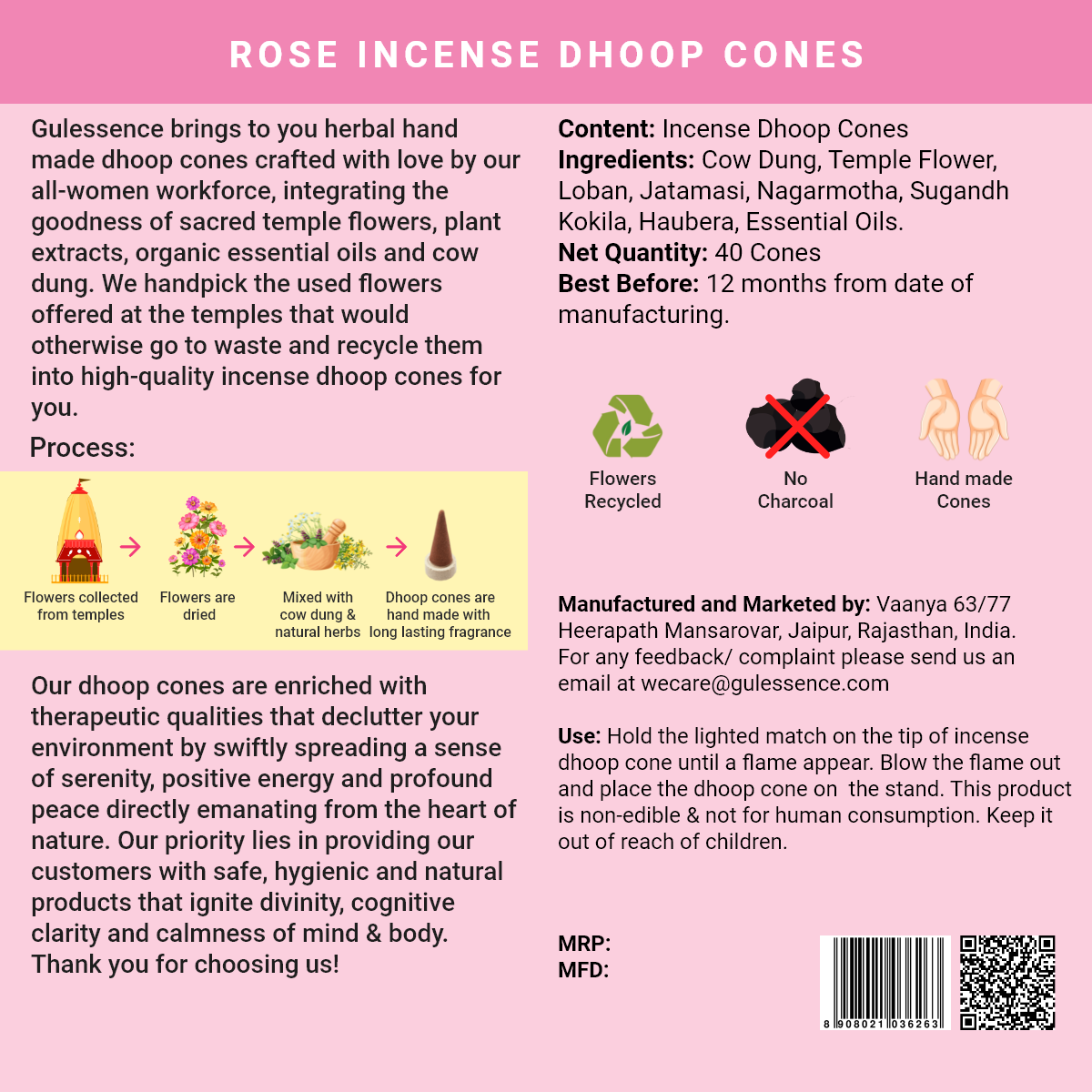 Rose Dhoop Cones | Made from Cow dung & Temple Flower | Gulessence - Gulessence