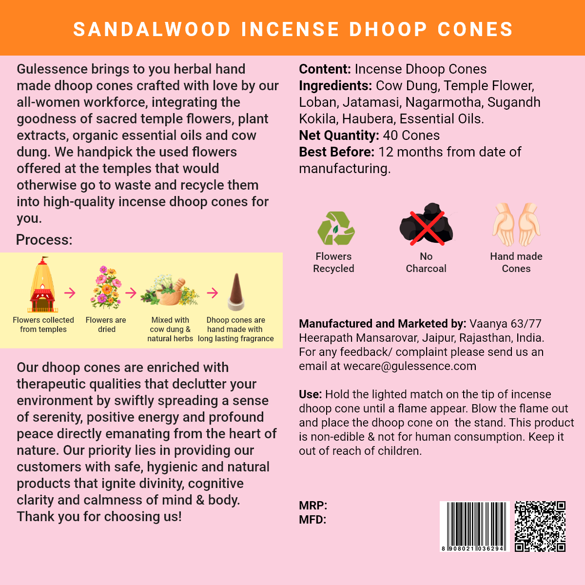 Sandalwood Dhoop Cones | Made from Cow dung & Temple Flower | Gulessence - Gulessence