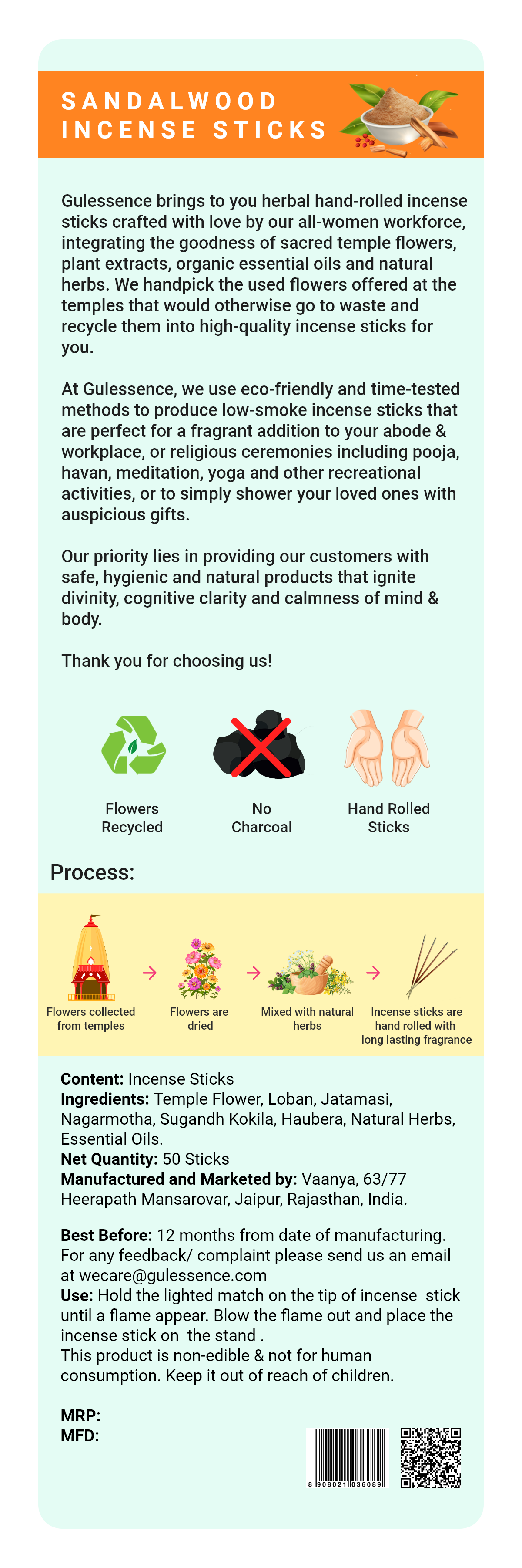 Sandalwood Incense Sticks | Made from Temple Flower | Gulessence - Gulessence