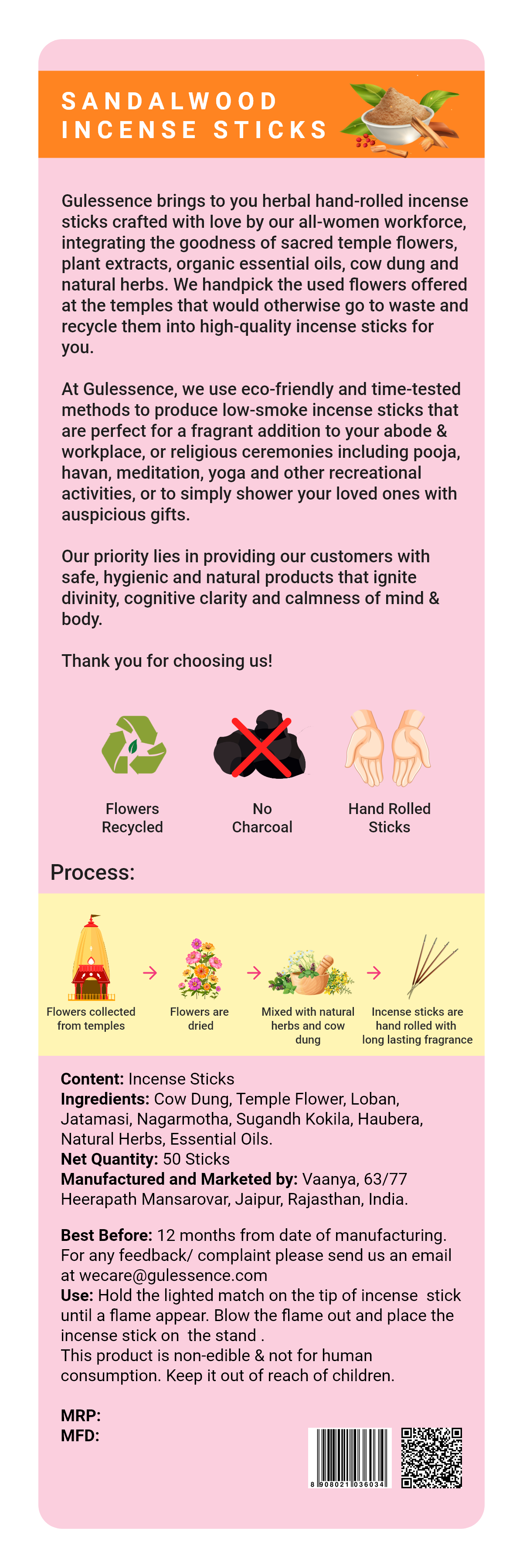 Sandalwood Incense Sticks |  Made from Cow dung & Temple Flower | Gulessence - Gulessence