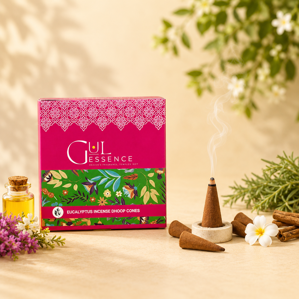 Gulessence Eucalyptus dhoop cones box with ceramic stand, 40 cones pack