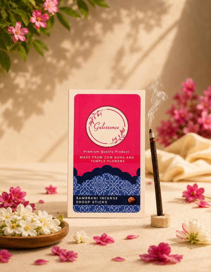 Gulessence Sambrani Bambooless Dhoop Sticks made from natural ingredients with a long-lasting sambrani fragrance