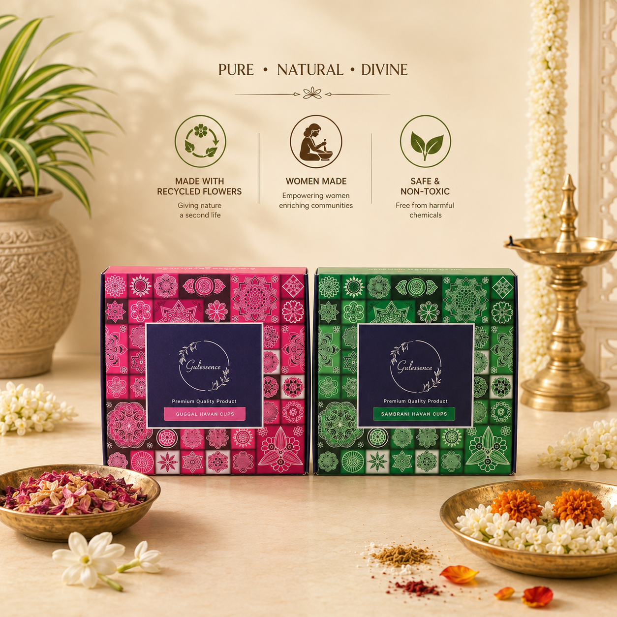 Gulessence Sambrani & Guggal Havan Cups – Pack of 2 | 30 Cups | Cow Dung & Temple Flowers