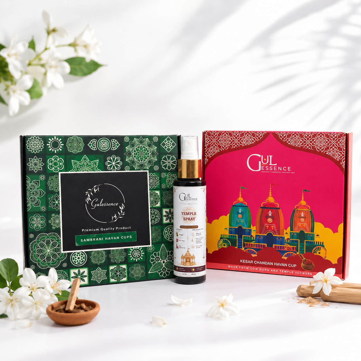Gulessence Sambrani & Kesar Chandan Havan Cups – Made from Temple Flowers and Cow Dung