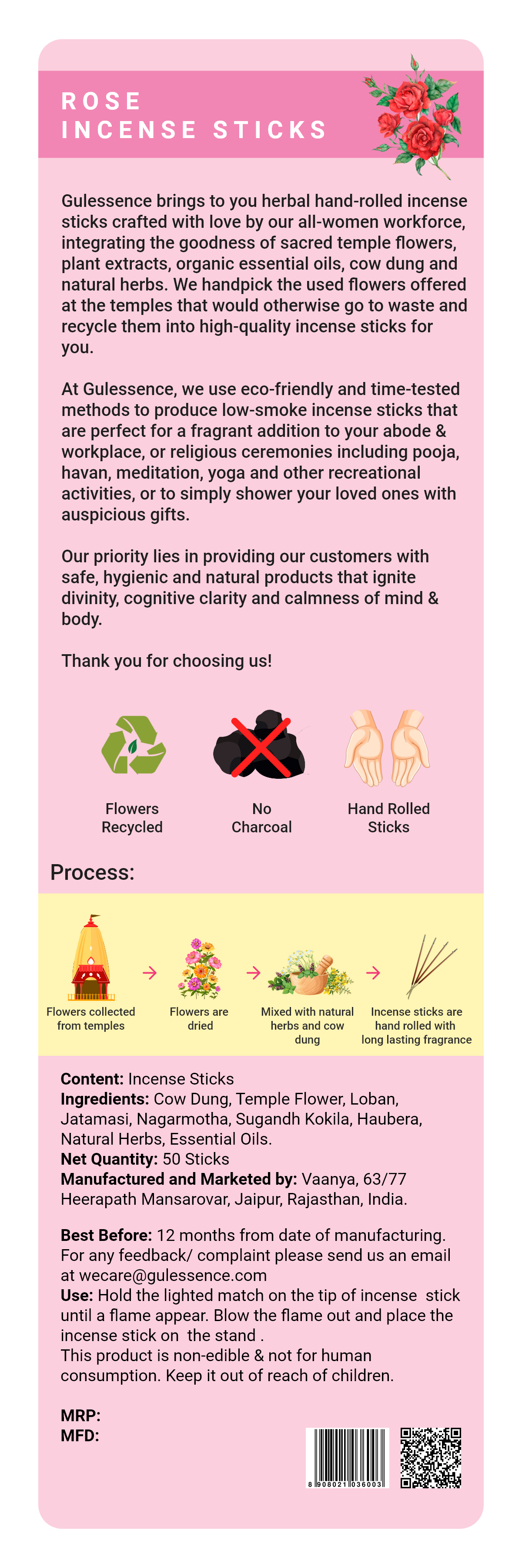 Rose Incense Sticks | Made from Cowdung & Temple Flowers | Gulessence - Gulessence