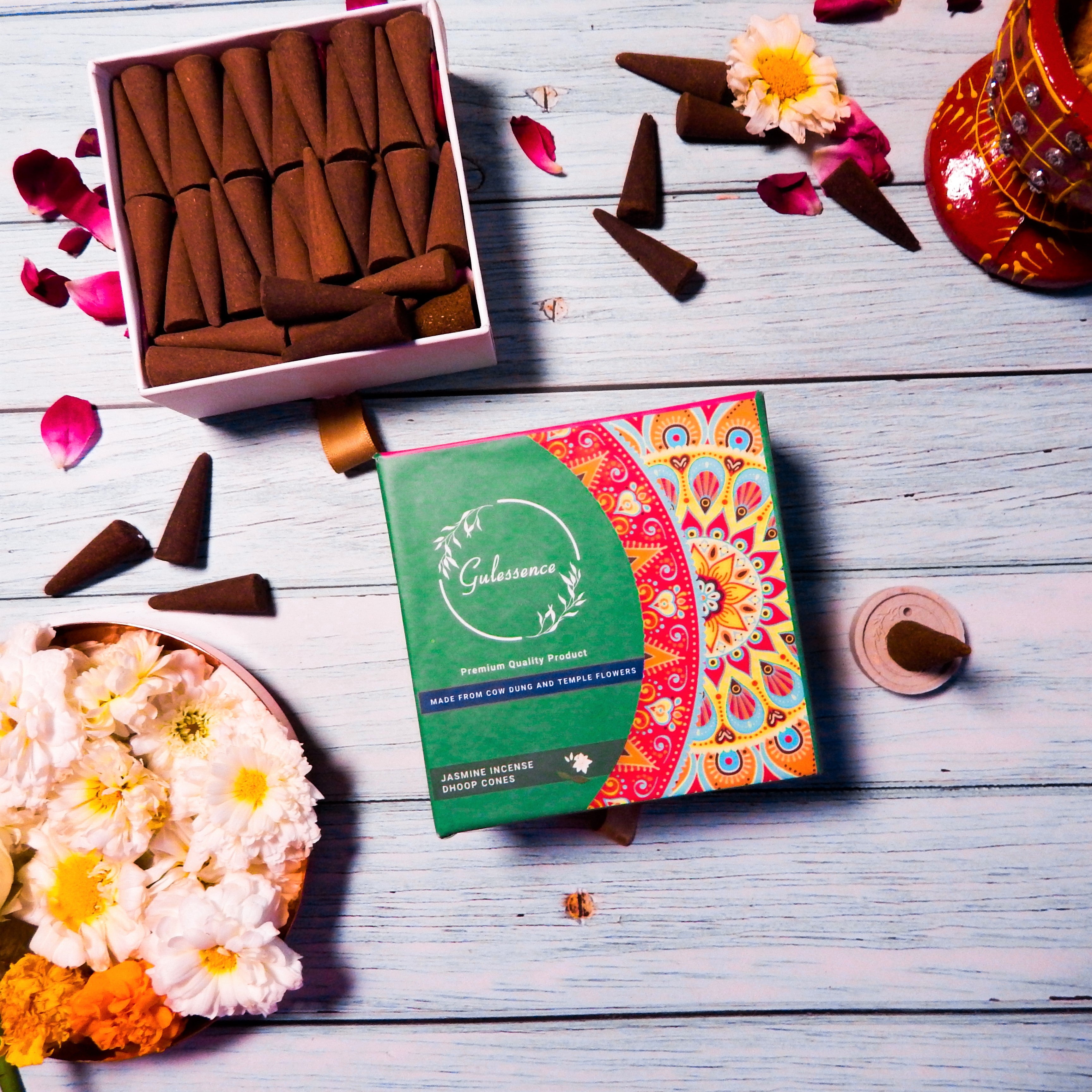 Jasmine Dhoop Cones | Made from Cow dung & Temple Flower | Gulessence - Gulessence