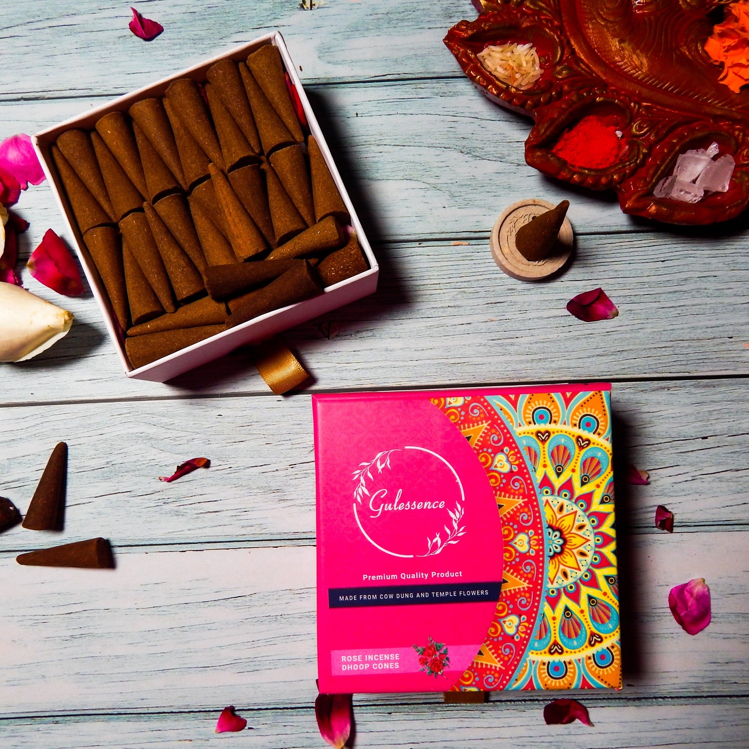 Rose Dhoop Cones | Made from Cow dung & Temple Flower | Gulessence - Gulessence
