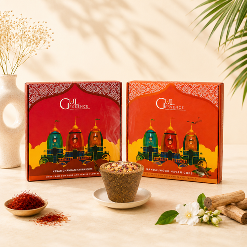 Sandalwood & Kesar Chandan Havan Cups|Made from Temple Flowers and Cow Dung | Pack of 2| Gulessence