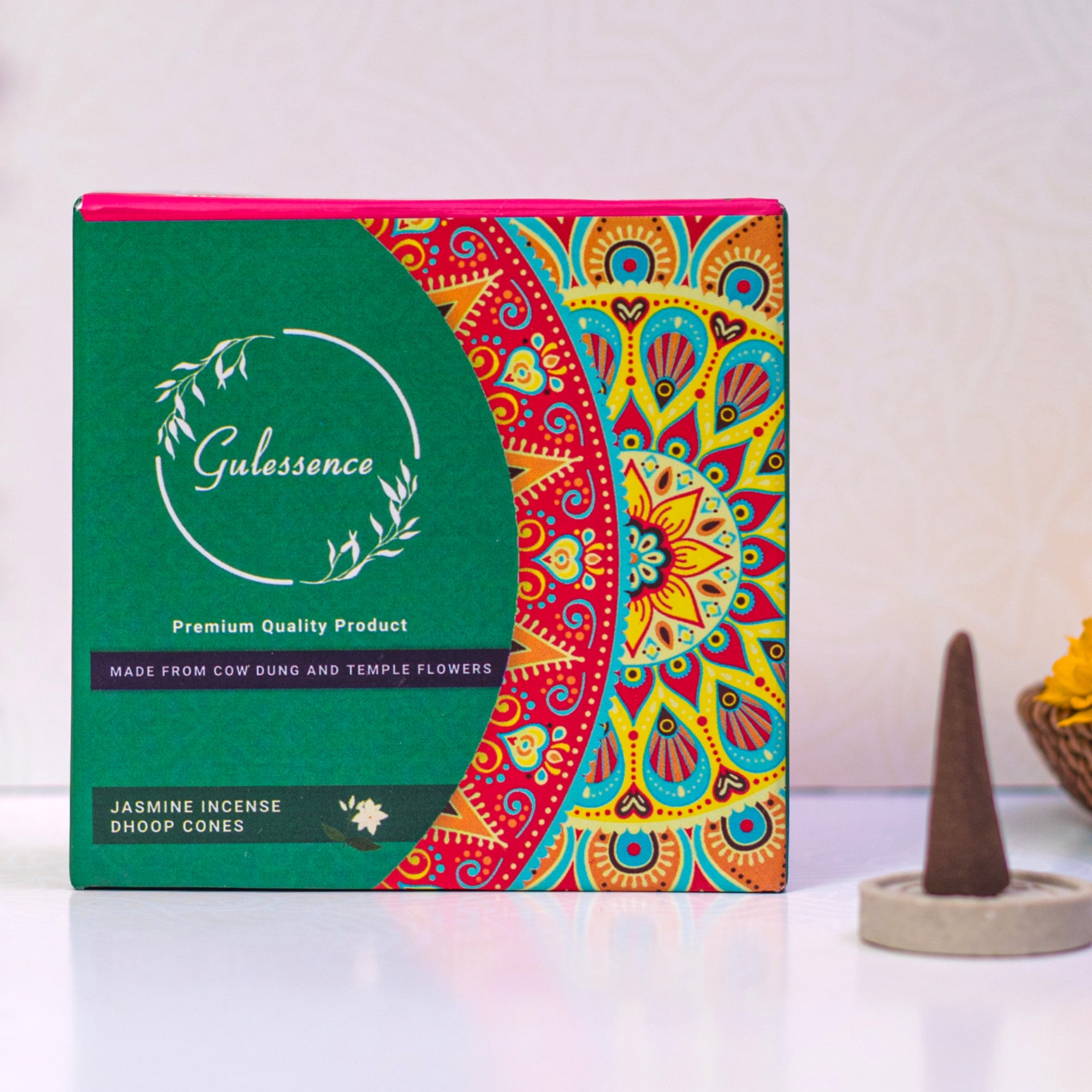 Gulessence Loban Havan Cups (15 Havan Cups) , Jasmine Dhoop Cones , Aroma Ghee Diya (100 gm) ,Havan Smagri (100 gm) | Pack of 4 | Free Stand - Gulessence