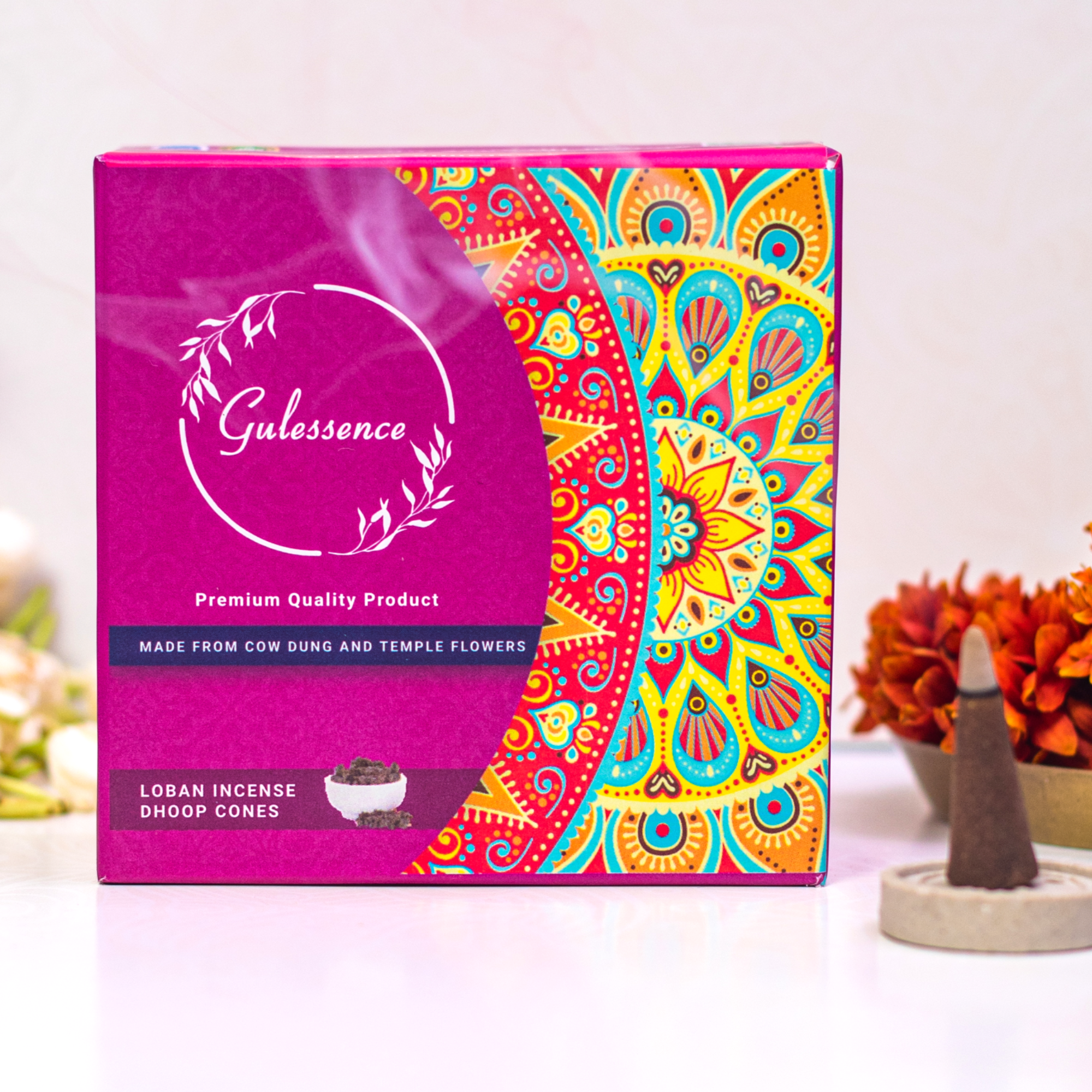 Gulessence Sandal Dhoop Sticks, Rose Dhoop Cones, Loban Dhoop Cones & Nirvana Incense Sticks | Pack of 4 (160 units) | Free Stand - Gulessence
