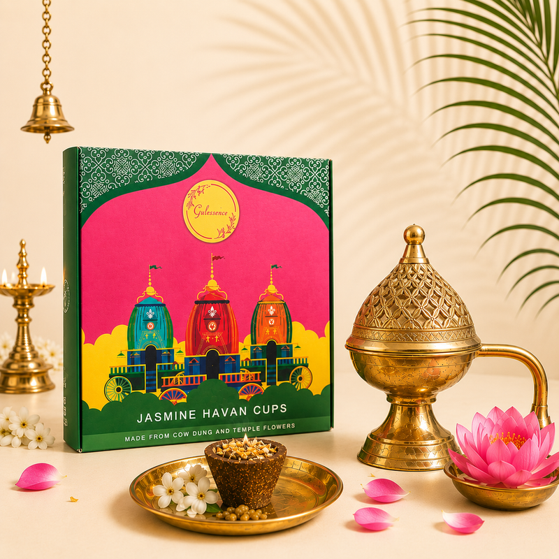 Gulessence Organic Havan Cup Collection – Natural Cow Dung & Recycled Temple Flower Havan Cups for Pooja & Home Purification