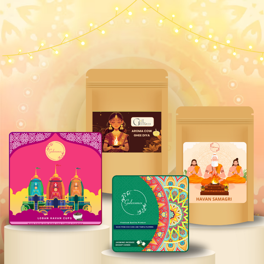 Gulessence Loban Havan Cups (15 Havan Cups) , Jasmine Dhoop Cones , Aroma Ghee Diya (100 gm) ,Havan Smagri (100 gm) | Pack of 4 | Free Stand