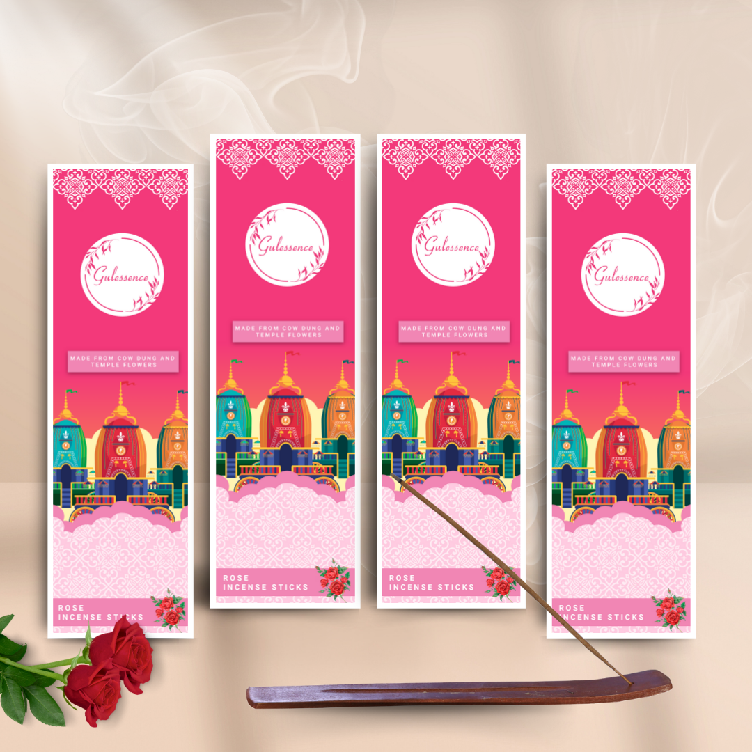 Rose Incense Sticks With Free Incense Holder| Made from Cowdung &amp; Temple Flowers | Gulessence